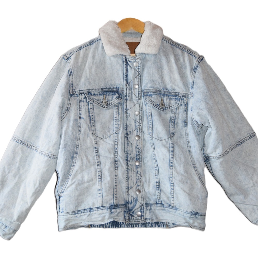 American Eagle Denim Jacket Women M Light Acid Wash Faux Fur Sherpa Trucker Good